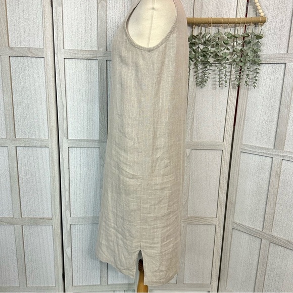 Vintage Eileen Fisher Midi Dress Beige 100% Linen Black Wht Flower Sleeveless M - Picture 4 of 9